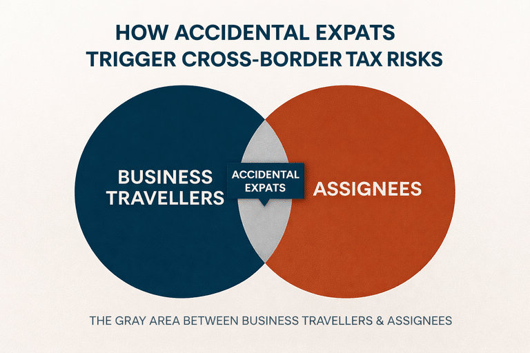 Venn diagram illustrating the overlap between business travellers and assignees, highlighting the accidental expats grey area where most global mobility compliance failures occur