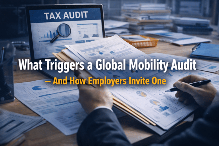 Illustration of a global mobility and cross-border secondments audit with corporate documents, payroll and compliance review, highlighting risk, red flags and main triggers