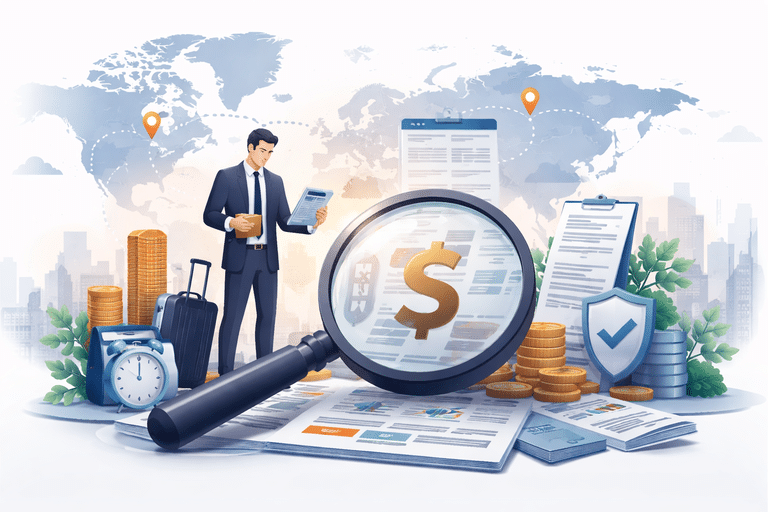 Professional illustration of a CFO reviewing expatriate assignment costs with charts, payroll documents, and global assignment locations highlighting hidden expenses and compliance risks.