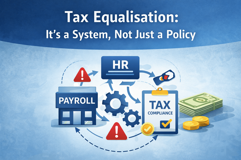 Diagram illustrating tax equalisation as an integrated system connecting payroll, HR, and tax for international assignments