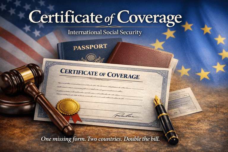 Certificate of Coverage (COC) document with passports, gavel, and international flags, illustrating cross-border social security insurance compliance